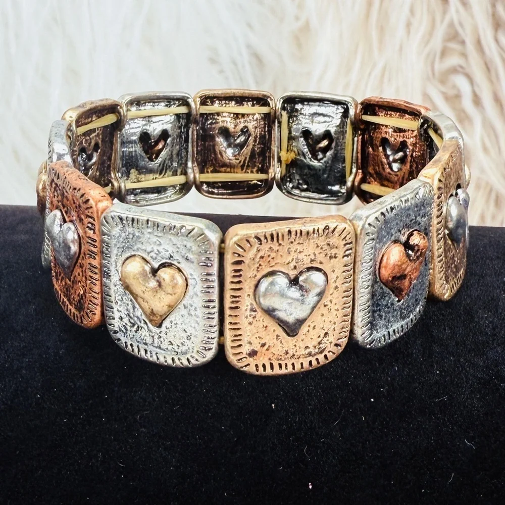 Multi tone metal heart bohemian chic stretch bracelet
